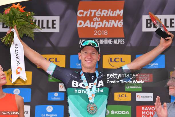 Podium / Pascal Ackermann of Germany and Team Bora - Hansgrohe / Celebration / Trophy / Medal / during the 70th Criterium du Dauphine 2018, Stage 2 a...