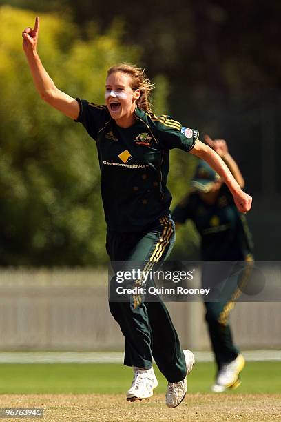Ellyse Perry of Australia celebrates a wicket during the Fourth Women's One Day International between the Australian Southern Stars and New Zealand...