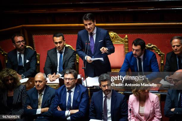 Prime Minister, Giuseppe Conte delivers his speech during the confidence vote for the new government at the Italian Senate on June 5, 2018 in Rome,...