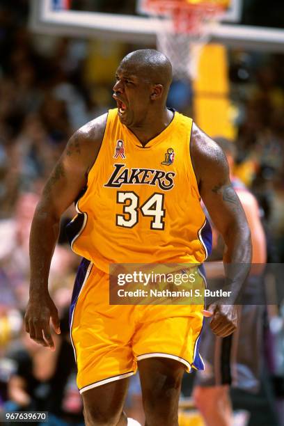 Shaquille O'Neal of the Los Angeles Lakers reacts to a play during Game One of the 2002 NBA Finals against the New Jersey Nets on June 5, 2002 at the...