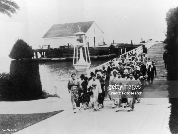 Photograph of Asian Immigrants arriving at the Quarantine Station at Angel Island, San Francisco Bay circa 1911.
