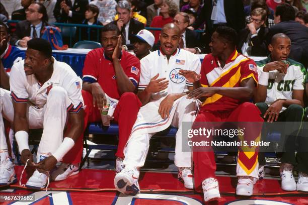 Charles Barkley and Dominique Wilkins of the Eastern Conference All-Stars talk during the 1991 NBA All-Star Game on February 10, 1991 at the...