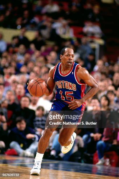 Vinnie Johnson of the Detroit Pistons handles the ball circa 1991 at The Palace of Auburn Hills in Auburn Hills, Michigan. NOTE TO USER: User...