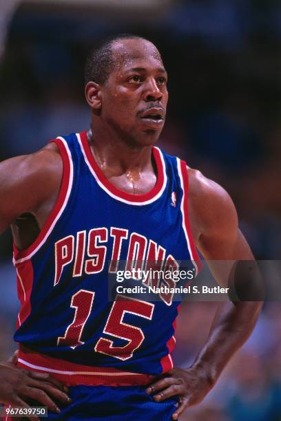 Vinnie Johnson of the Detroit Pistons looks on during a game circa 1991 at The Palace of Auburn Hills in Auburn Hills, Michigan. NOTE TO USER: User...