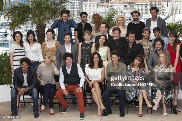 Actors Tomer Sisley, Alice Taglioni, Clement Sibony, Aure Atika, Pierre Niney, Elodie Navarre and Lea Drucker attend the photocall for 'Jeunes...