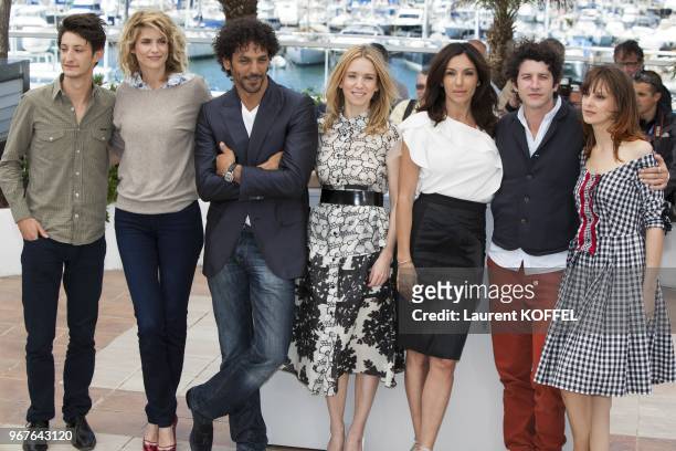 Pierre Niney, Alice Taglioni, Tomer Sisley, Lea Drucker, Aure Atika, Clement Sibony and Elodie Navarre attend the photocall for 'Jeunes Talents...