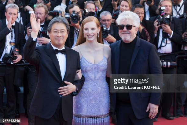 Pedro Almodovar, Jessica Chastain and Park Chan-wook attend the 'Okja' screening during the 70th annual Cannes Film Festival at Palais des Festivals...