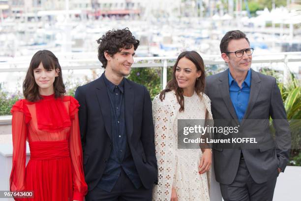 Actors Stacy Martin, Louis Garrel, Berenice Bejo and director Michel Hazanavicius attend the 'Redoutable ' photocall during the 70th annual Cannes...