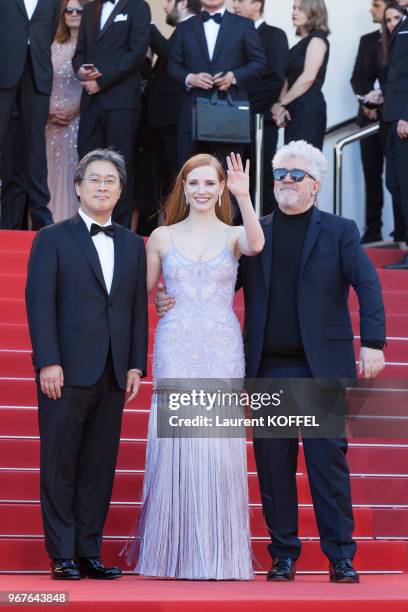 Pedro Almodovar, Jessica Chastain and Park Chan-wook attend the 'Okja' screening during the 70th annual Cannes Film Festival at Palais des Festivals...