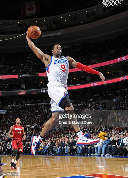 Andre Iguodala of the Philadelphia 76ers dunks the ball against the Miami Heat during the game on February 16, 2010 at the Wachovia Center in...