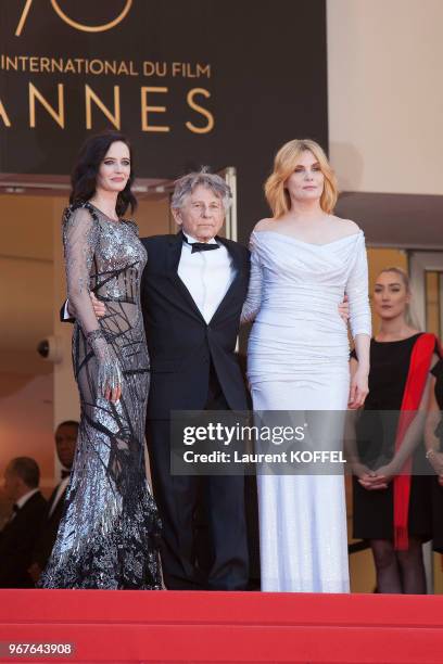Director Roman Polanski, Eva Green, Emmanuelle Seigner and Vincent Perez leave the 'Based On A True Story' screening during the 70th annual Cannes...