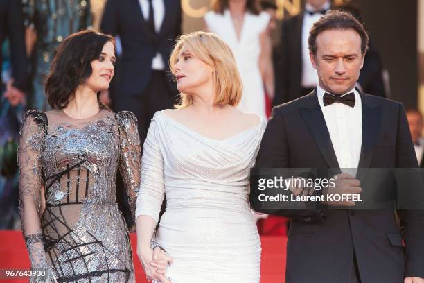 Eva Green, Emmanuelle Seigner and Vincent Perez leave the 'Based On A True Story' screening during the 70th annual Cannes Film Festival at Palais des...