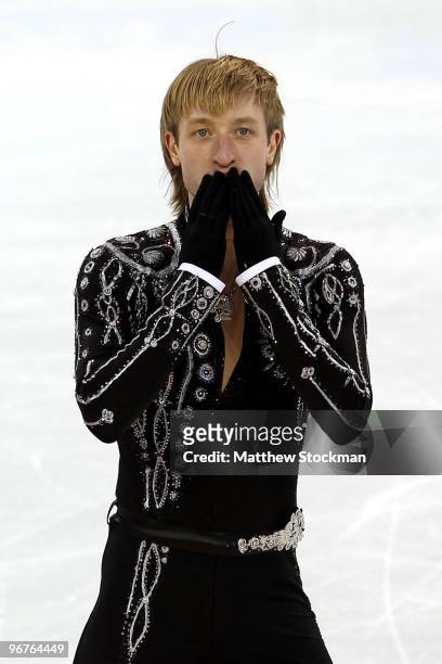 Evgeni Plushenko of Russia blows kisses to the crowd after his routine in the men's figure skating short program on day 5 of the Vancouver 2010...