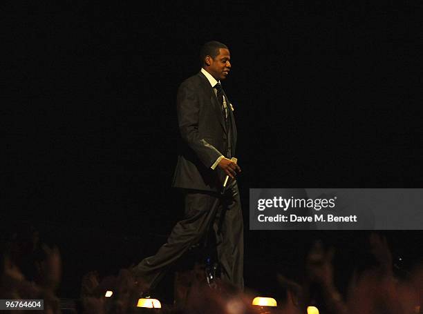 Jay-Z receives the International Male Solo Artist Award on stage during The Brit Awards 2010, at Earls Court One on February 16, 2010 in London,...