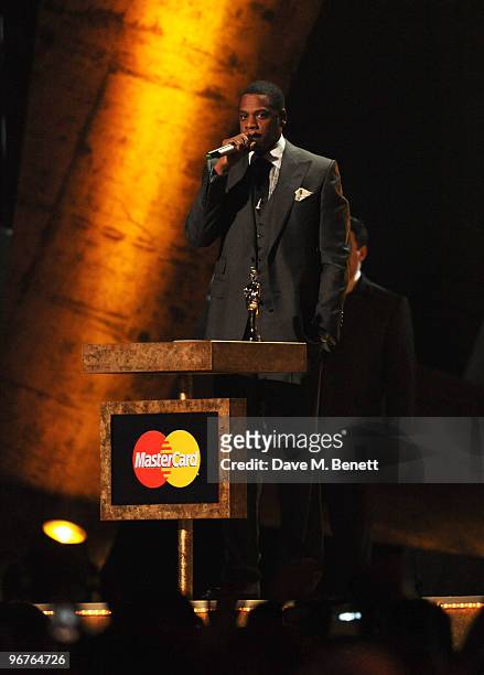 Jay-Z receives the International Male Solo Artist Award on stage during The Brit Awards 2010, at Earls Court One on February 16, 2010 in London,...