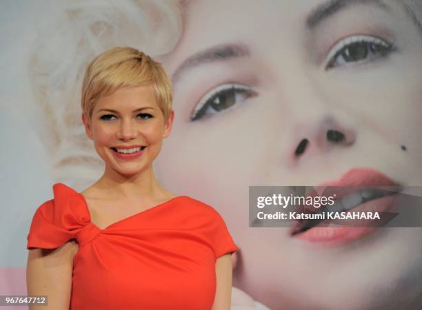 American actress Michelle Williams answers to questions during a press conference of her movie " My Week With Marilyn " on March 14, 2012 at a hotel...