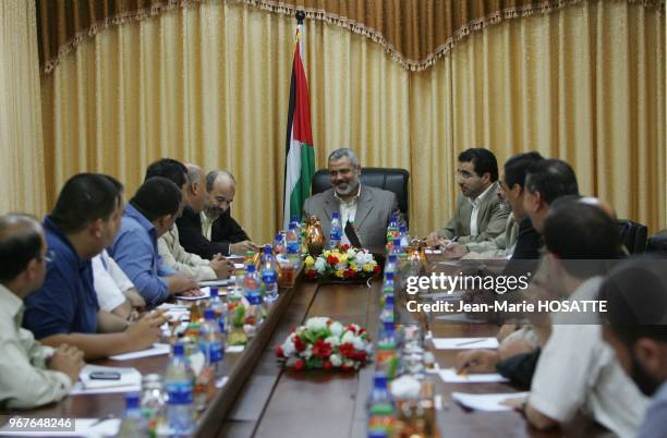 Sacked Palestinian prime minister Ismail Haniya attends a meeting with Palestinian businessmen in his office in Gaza City, 17 July 2007. US President...