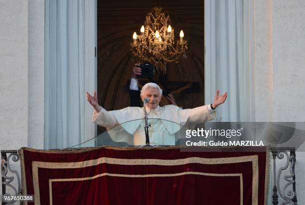 Final public farewell of Benedict XVI on February 28, 2013 before his pontificate ends from the window of the palace of Castel Gandolfo, Italy.