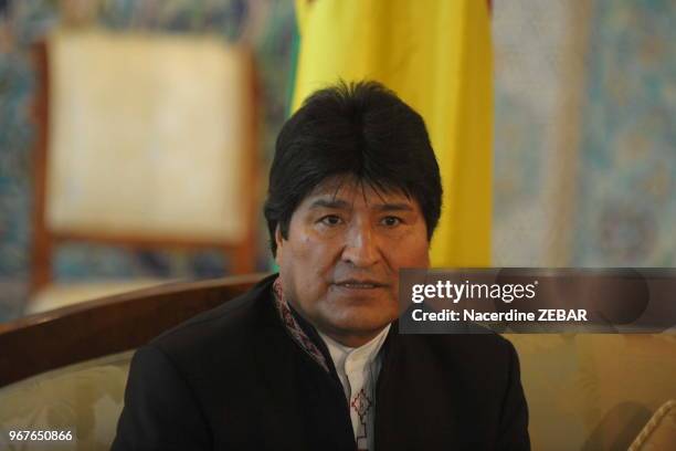 Le président de la république plurinationale de Bolivie, Juan Evo Morales Ayma lors de sa visite le 27 mai 2014 à Alger, Algérie.