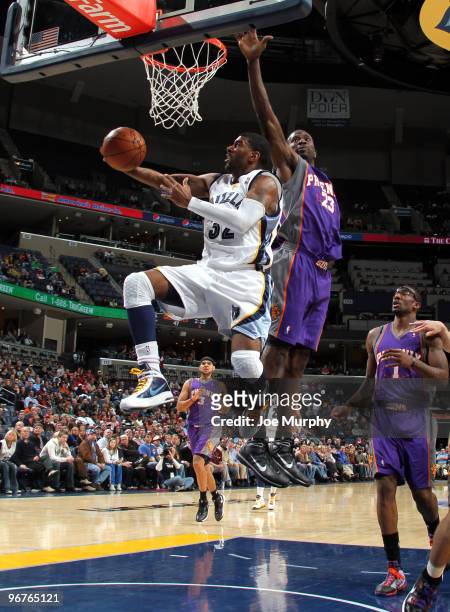 Mayo of the Memphis Grizzlies shoots a layup against Jason Richardson of the Phoenix Suns on February 16, 2010 at FedExForum in Memphis, Tennessee....