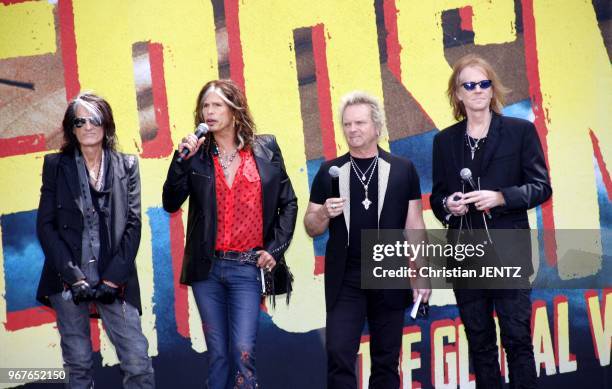 Steven Tyler, Joey Kramer, Joe Perry and Tom Hamilton at the Aerosmith "The Global Warming" Tour Press Conference held at the Grove in Los Angeles,...