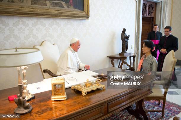 Pope Francis meets Aung San Suu Kyi, Nobel peace laureate and long-time political prisoner in Burma on October 28, 2013 at the Vatican. Before she...