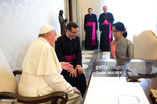 Pope Francis meets Aung San Suu Kyi, Nobel peace laureate and long-time political prisoner in Burma on October 28, 2013 at the Vatican. Before she...