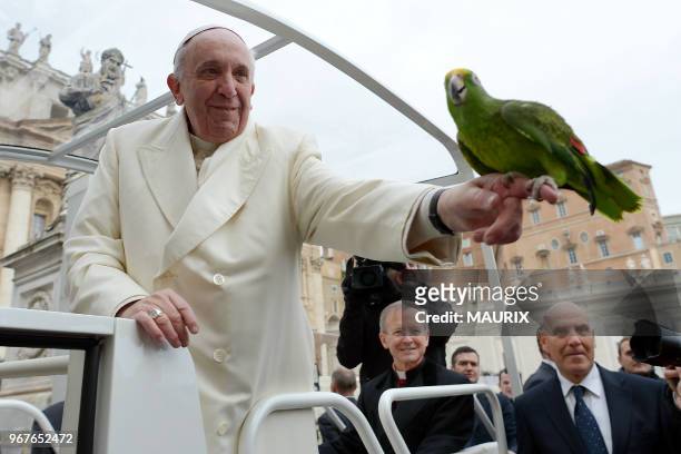Un homme offre son perroquet au pape Francois lors de son passage dans la foule sur la place Saint-Pierre, durant l'audience générale hebdomadaire le...