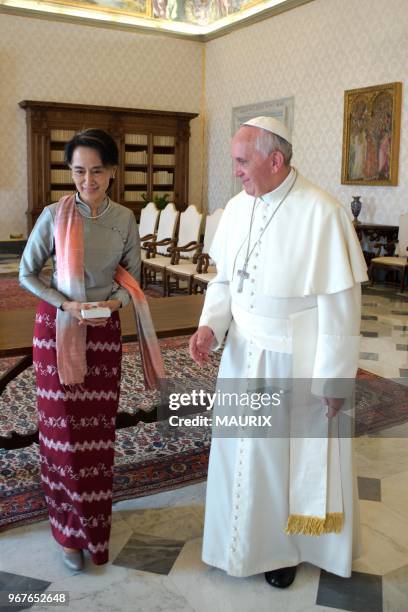 Pope Francis meets Aung San Suu Kyi, Nobel peace laureate and long-time political prisoner in Burma on October 28, 2013 at the Vatican. Before she...