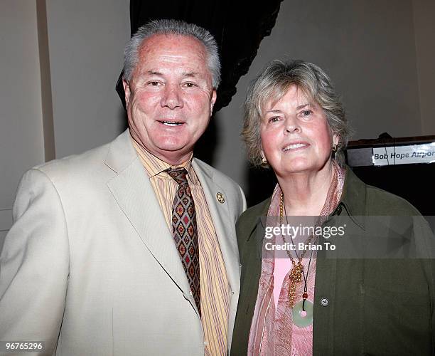 Los Angeles Fourth District Councilmember Tom LaBonge and Linda Hope, daughter of Bob Hope, attend the unveiling of the Bob Hope bas relief sculpture...