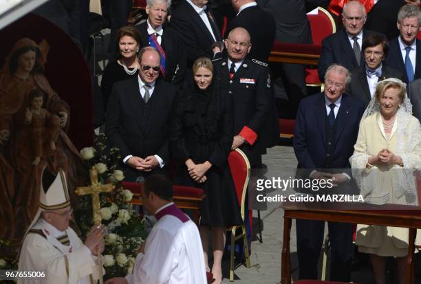 Prince Albert and princess Charlene of Monaco, King Albert and queen Paola of Belgium attend at pope Francis papacy inauguration mass in Rome,...