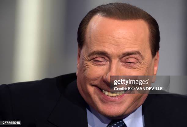 Ancien Premier Ministre italien Silvio Berlusconi est l'invite special du show TV 'Porta a Porta' le 21 mai 2014, Rome, Italie.