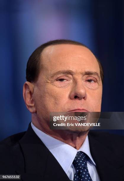 Ancien Premier Ministre italien Silvio Berlusconi est l'invite special du show TV 'Porta a Porta' le 21 mai 2014, Rome, Italie.