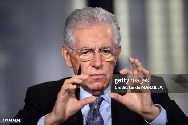 Italy's Prime Minister Mario Monti appears as a guest on the RAI television show Porta a Porta on January 14, 2013 in Rome, Italy;Monti is...