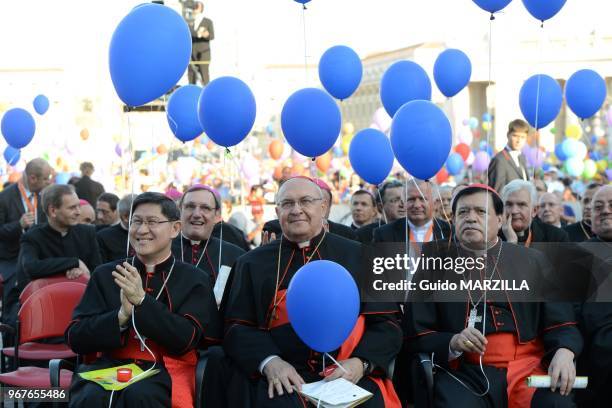 Philippines's cardinal Luis Antonio G. Tagle, Argentina's cardinal Leonardo Sandri and Mexican cardinal Norberto Rivera Carrera attend a meeting of...