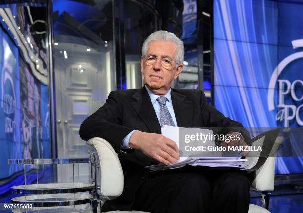 Italy's Prime Minister Mario Monti appears as a guest on the RAI television show Porta a Porta on January 14, 2013 in Rome, Italy;Monti is...