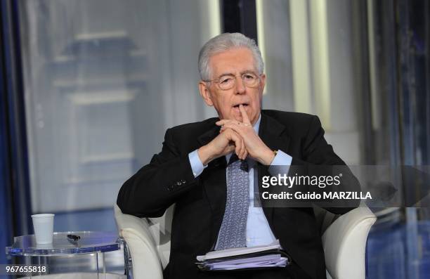 Italy's Prime Minister Mario Monti appears as a guest on the RAI television show Porta a Porta on January 14, 2013 in Rome, Italy;Monti is...