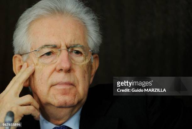 Italian Prime Minister Mario Monti speaking at a news conference on December 23, 2012 in Rome, Italy. He said he won't run in February elections, but...