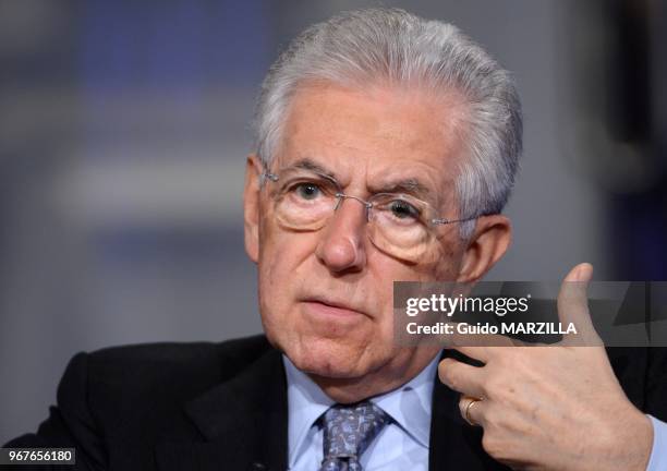 Italy's Prime Minister Mario Monti appears as a guest on the RAI television show Porta a Porta on January 14, 2013 in Rome, Italy;Monti is...