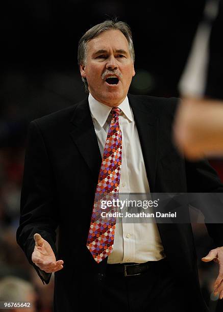 Head coach Mike D'Antoni of the New York Knicks yells at a referee during a game against the Chicago Bulls at the United Center on February 16, 2010...