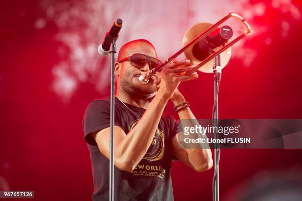 Le musicien américain Trombone Shorty en concert live au 'Paleo Festival de Nyon' le 24 juillet 2014 à Nyon, Suisse.