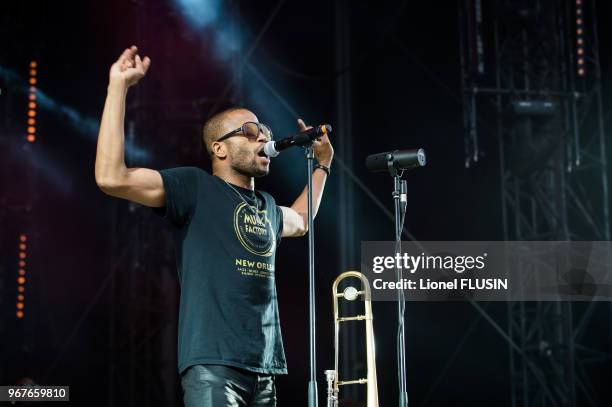 Le musicien américain Trombone Shorty en concert live au 'Paleo Festival de Nyon' le 24 juillet 2014 à Nyon, Suisse.