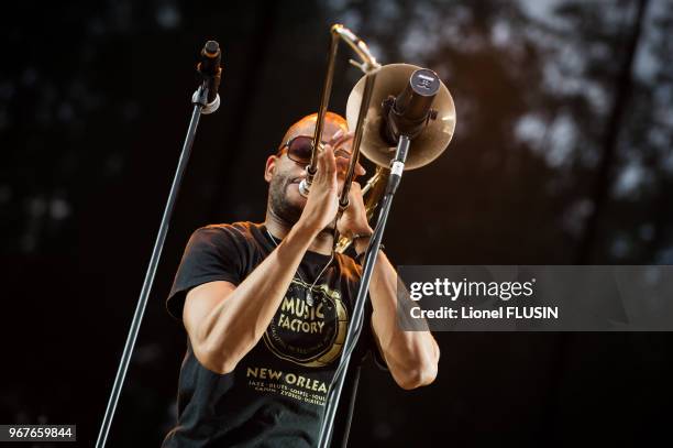 Le musicien américain Trombone Shorty en concert live au 'Paleo Festival de Nyon' le 24 juillet 2014 à Nyon, Suisse.