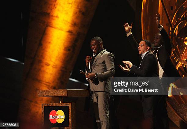 Dizzee Rascal receives the British Male Solo Artist Award on stage during The Brit Awards 2010 at Earls Court One on February 16, 2010 in London,...