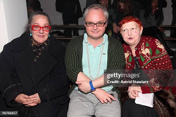 Editor & publisher Kim Hastreiter, editorial director of Paper magazine Mickey Boardman and journalist Lynn Yaeger attends the threeASFOUR show...