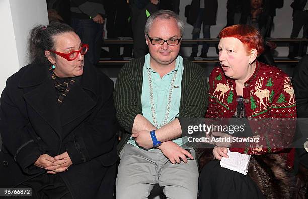 Editor & publisher Kim Hastreiter, editorial director of Paper magazine Mickey Boardman and journalist Lynn Yaeger attends the threeASFOUR show...