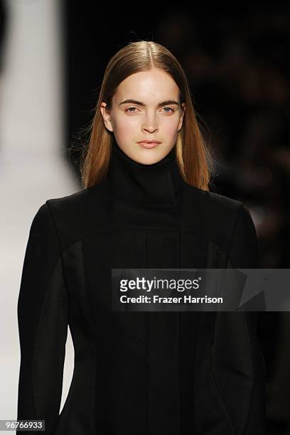 Model walks the runway at the Narciso Rodriguez Fall 2010 Fashion Show during Mercedes-Benz Fashion Week at The Tent at Bryant Park on February 16,...