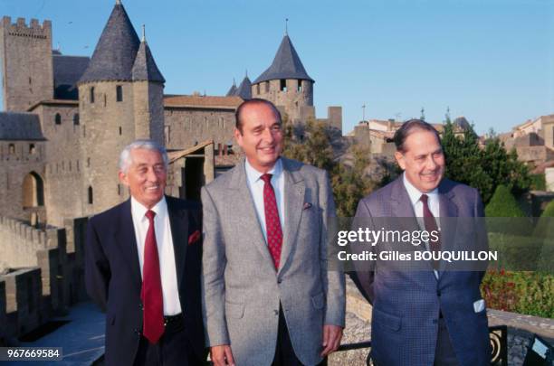 Charles Pasqua, Jacques Chirac et Bernard Pons aux journées parlementaires du RPR le 28 septembre 1990 à Carcassonne, France.