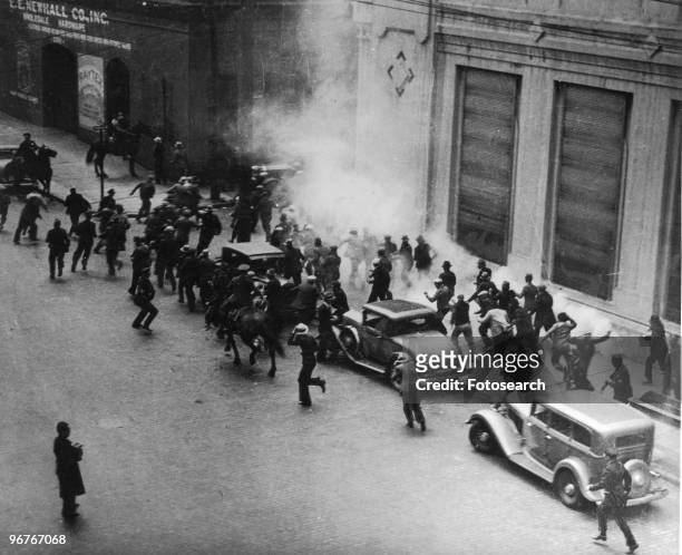 Photograph of a Tear Gas Attack as Strikers Battle Police During the San Francisco General Strike, circa July 1934.