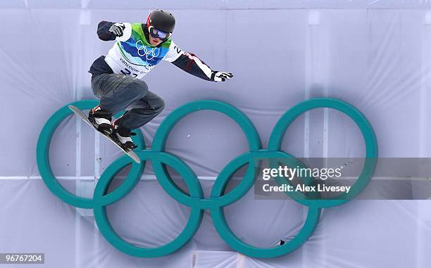 Faye Gulini of The United States competes during the Ladies' Snowboard cross on day 5 of the Vancouver 2010 Winter Olympics at Cypress Snowboard &...